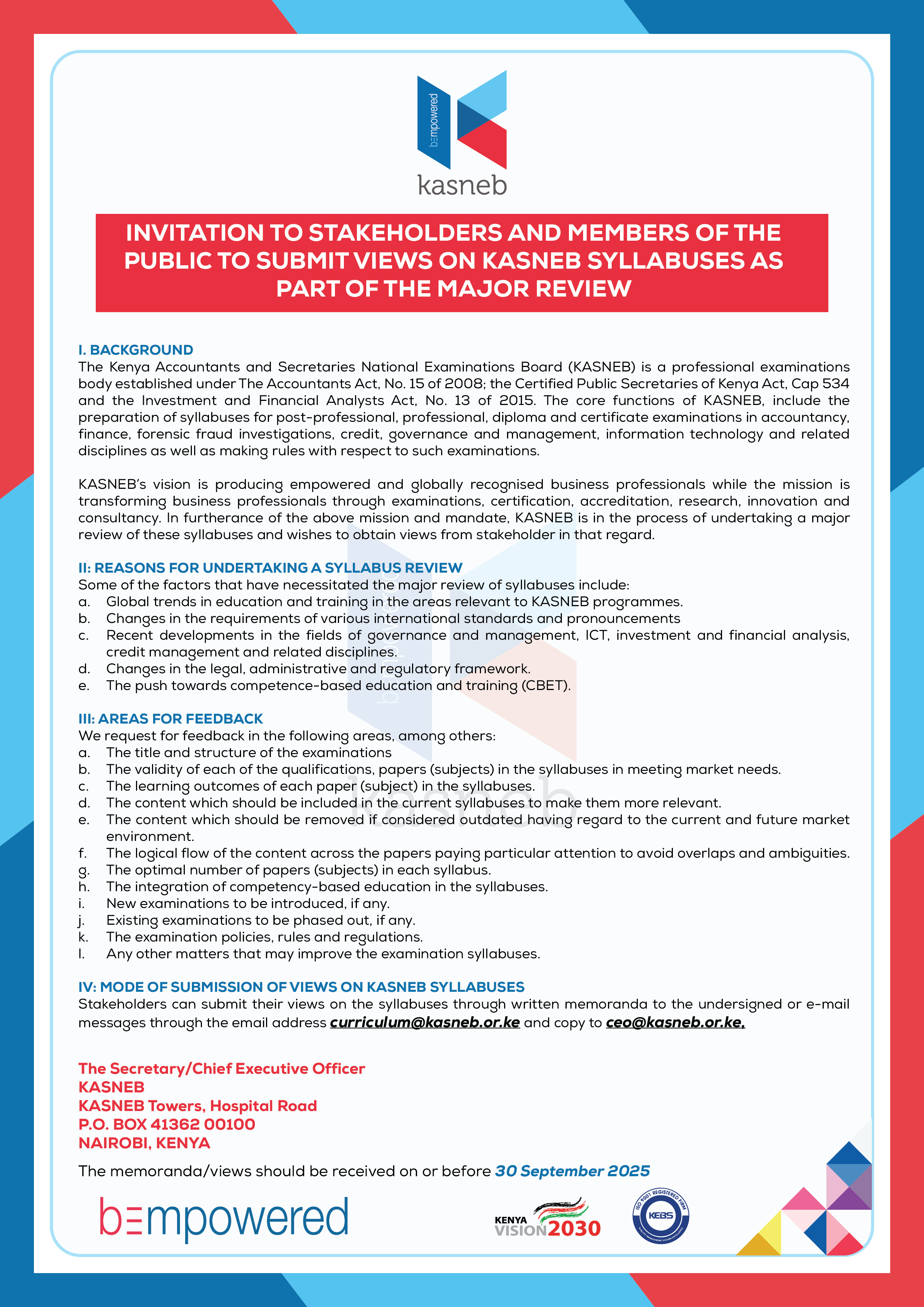 Advertisement on Invitation to Stakeholders and Members of the Public to submit views on Kasneb Syllabuses 