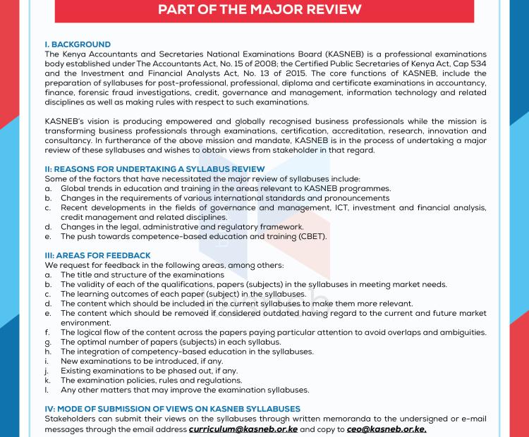 Advertisement on Invitation to Stakeholders and Members of the Public to submit views on Kasneb Syllabuses 